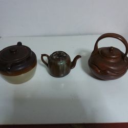 2 Pottery Tea Pots And 1 Pot With Lids