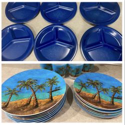 Perfect For Memorial Day! 6 Navy Blue Summer BBQ / Cookout Divider Plates. And 16 Palm Tree Dishes. 