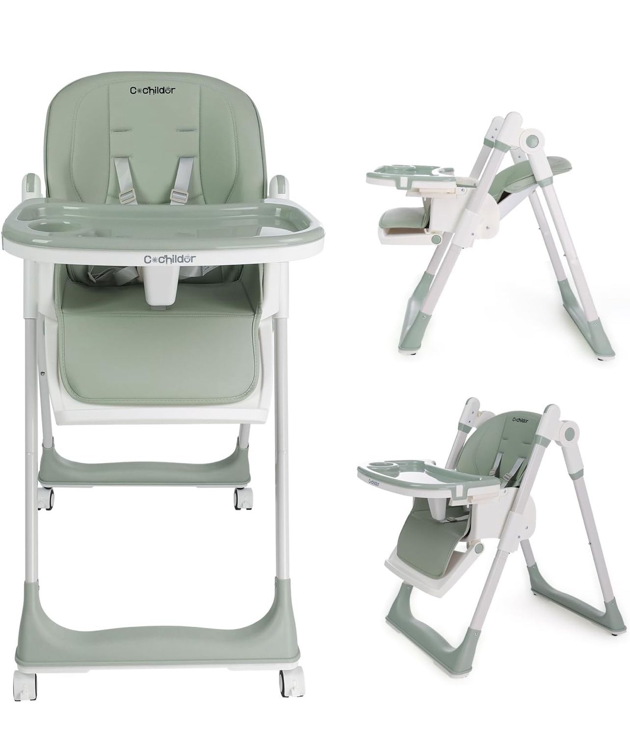 3-in-1 Foldable High Chair for Babies & Toddlers – Adjustable Height, Reclining Seat, 5-Point Safety Harness, Removable Tray, Lockable Wheels, Washabl