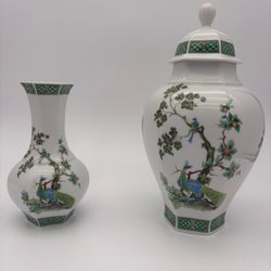Vintage Johann Seltmann Bavaria Peacock Vase & Lidded Ginger Jar Set 303 W.Ger