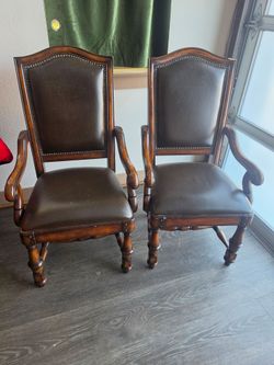 Pair of Cherry Wood & Brown Leather Armchairs – Nailhead Trim