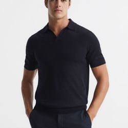 Reiss Duchie Merino Wool Open Collar Polo Shirt Navy Size S & M RETAIL $160