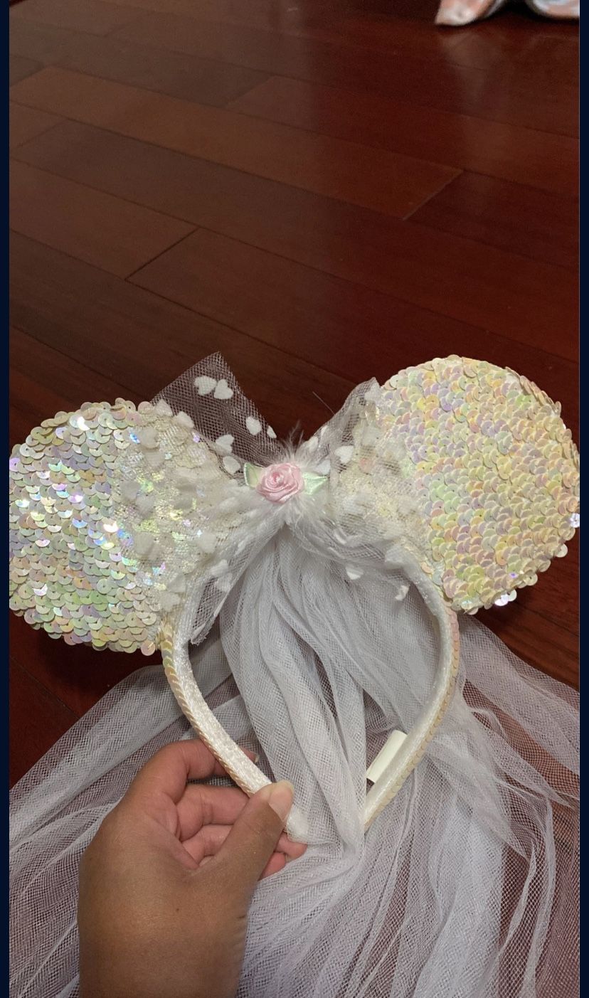 Disney Minnie Mouse Bride Ears Sequin Wedding Bachelorette Veil Headband 