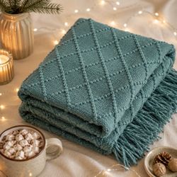 Teal Throw Blanket 50x70 Textured Diamond Fringe Cozy Sofa Couch Bed Decor