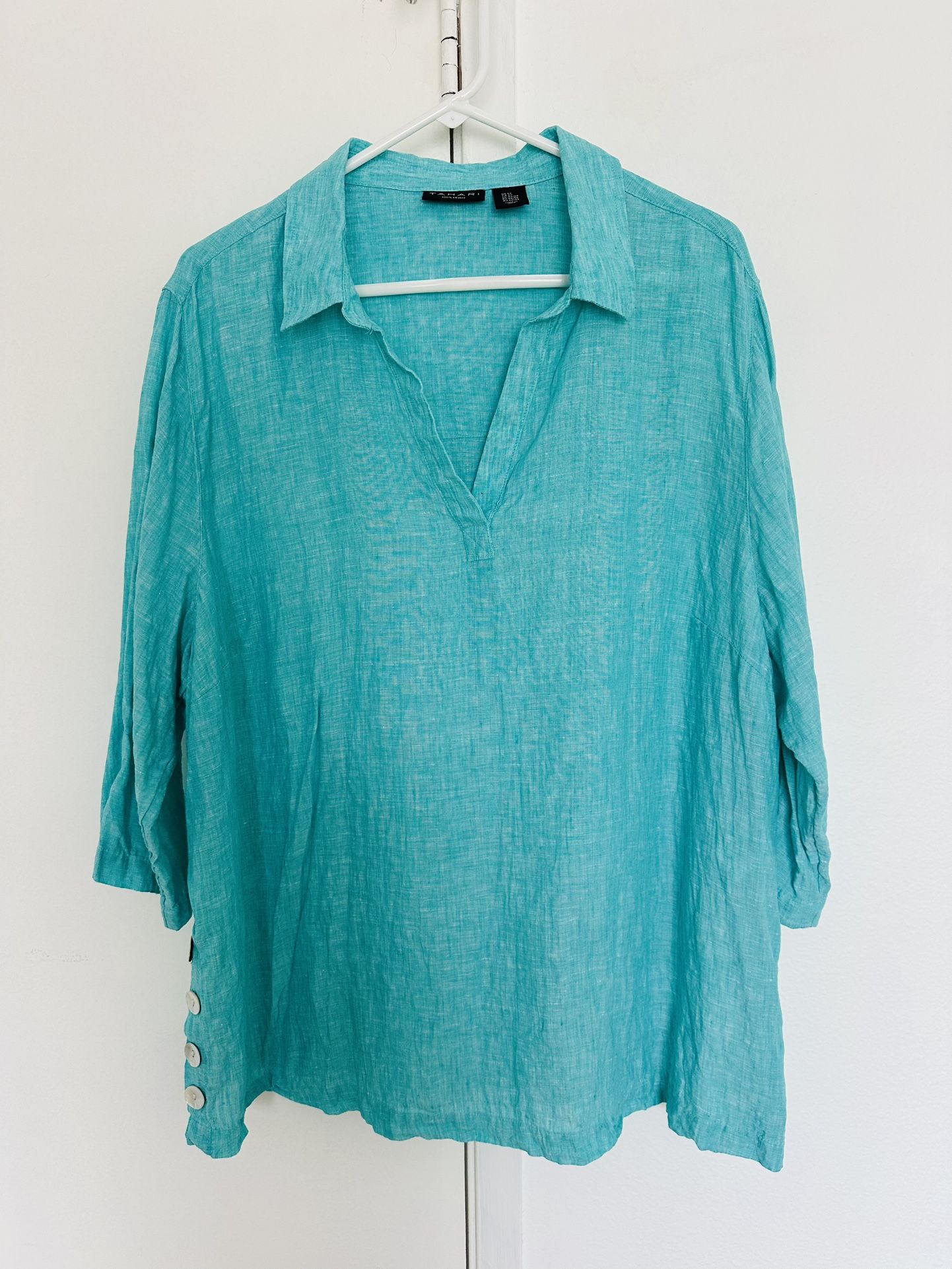 Women's TAHARI Linen SHIRT Turquoise Aqua Tunic Popover Side Buttons. Size XXL