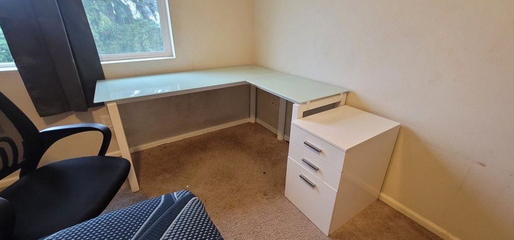 Metal And Glass Corner Desk With Chair And File Cabinet 