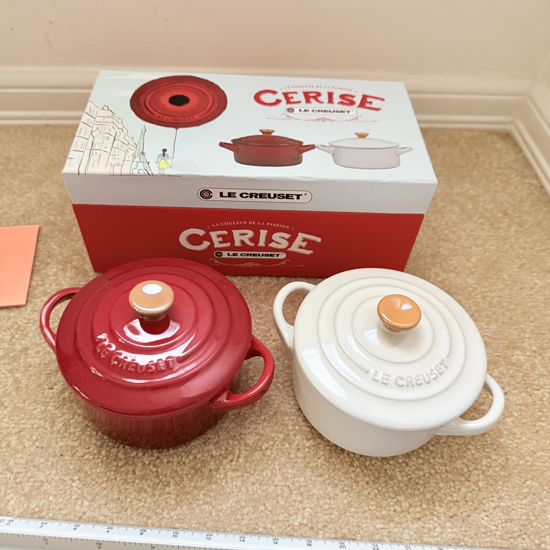 New Le Creuset set 2 mini cocottes. cerise red and white gold knob. 8oz