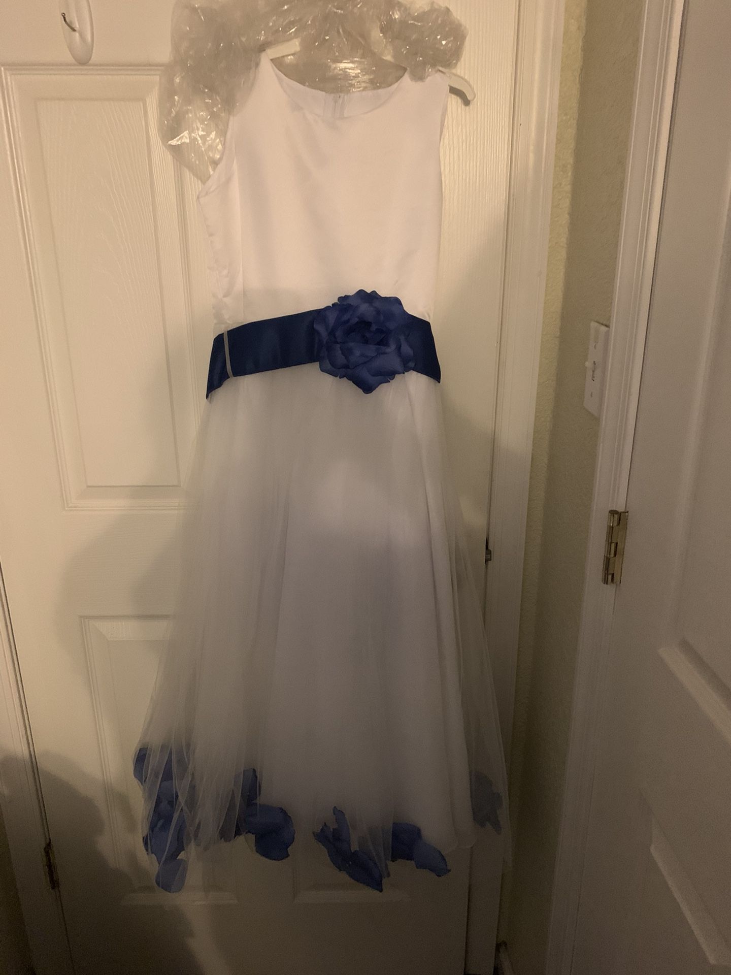 White with blue Petals Flower Girl Dress Size 12