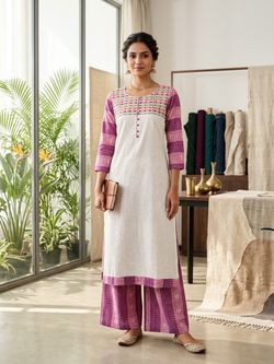 White and Purple Embroidered Kurti
