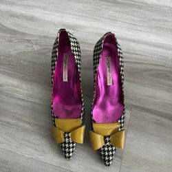 Y2K Emanuel Ungaro black white houndstooth wool pointed toe heels with bow 39