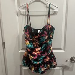Tropical Escape One Piece Swim Dress Floral Bra Adjustable Straps 14.