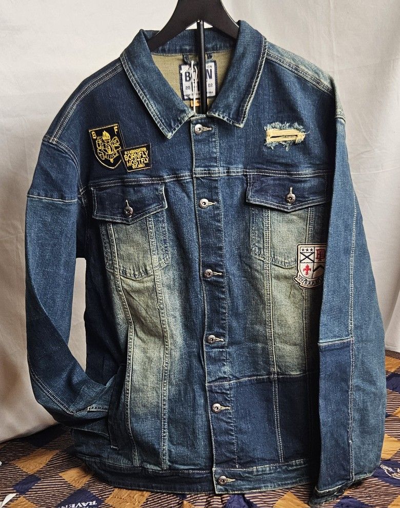 Mens Born Fly Faded look with Patches Jean Jacket Size 4XL
