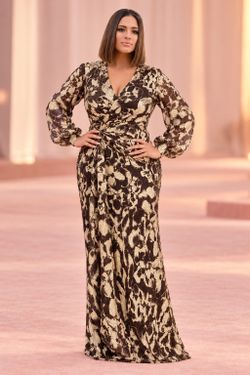 Betsy Adam Plus sz 20W Brown Gold "Bailey" Crinkle Metallic Long Sleeve Gown NWT
