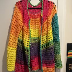 Rainbow colored - hand crocheted Cardigan NEVER WORN