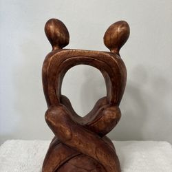 Abstract Handmade Wood Carved Sculpture Of Couple Embracing 