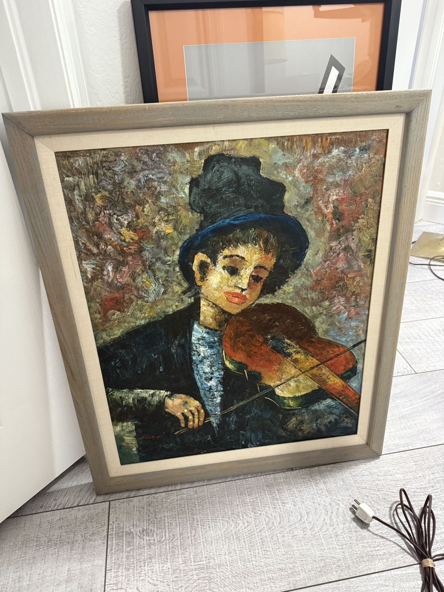 Impressionist Oil Painting “Boy Playing Violin”,Signed Thompson.