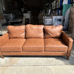 Modern Cognac Brown Faux Leather Sofa – 3 Seat – Staging Use – $150