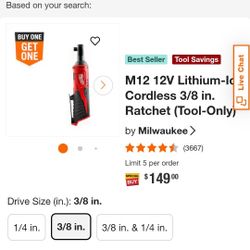 Milwaukee M12 3/8” Cordless Ratchet – Tool Only $100