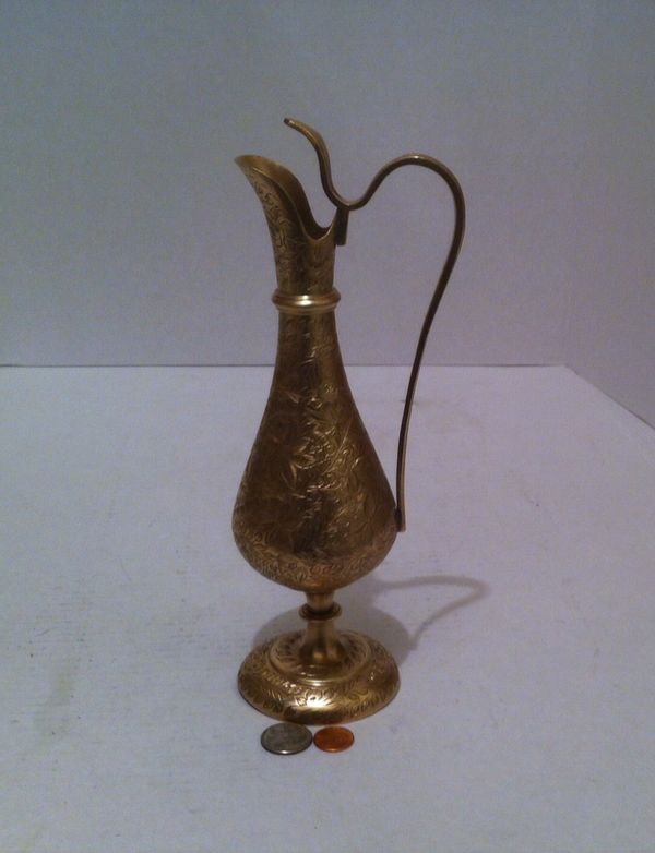 Vintage Metal Brass Vase Pitcher 11 Tall Home Decor Table