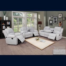 Grey Fabric Linen Fully Reclining Three Piece Couch Set 