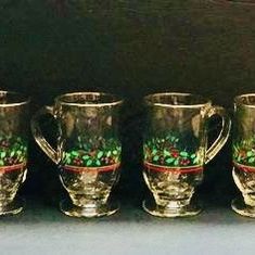 ARBY'S Vintage Footed Irish Coffee Mug Glasses Set of 4 Holly Berry Christmas