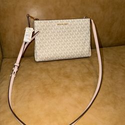 Michael Kors Beige MK Logo Crossbody with Pink Strap New