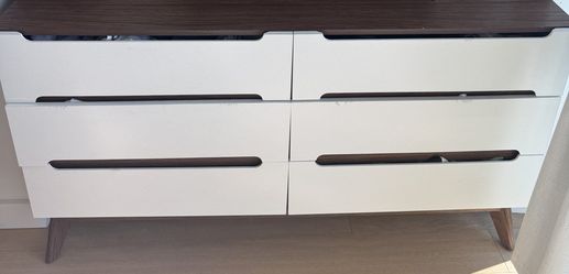 Mid-Century 6-Drawer Dresser 56in - White & Walnut - FREE DELIVERY