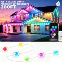 300ft Waterproof Permanent Outdoor RGB IC Lights String, Gradient Square Eave Lights App & Remote Control Lights with Music Sync, DIY Scene Modes for