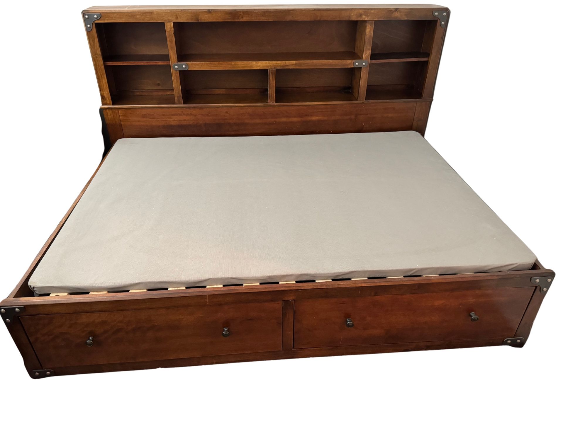 Full Bed Frame - Dark Brown Wood w/ Shelves And Drawers