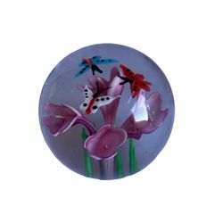 Art Glass Paperweight with Pink Flower And Butterflies 2” has one chipped side