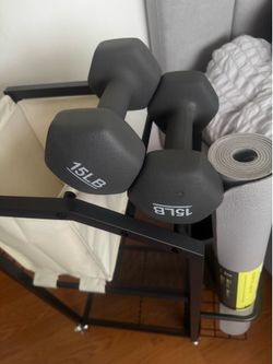 15 lb dumbbells w/ storage and yoga mat & foam roller