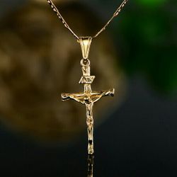 Unisex 18K Gold Plated Crucifix Pendant With Flat Marina Chain Necklace