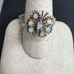 70s 10k  Vintage Opal Butterfly Ring - Yellow Gold Gemstone Setting - Unique Estate Fine Jewelry Gift