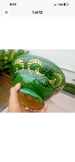 Green Glazed Ceramic Bowl with Scroll Design