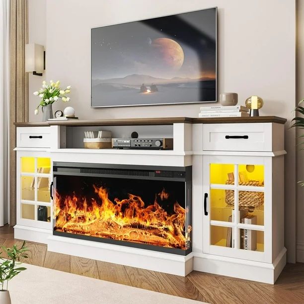 Oneinmil 70" Fireplace TV Stand with 3-Sided Glass Electric Fireplace, Farmhouse Wood Entertainment Center with LED Lights, 36" Fire Place TV Stands w