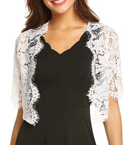 Ladies Short Sleeve Wedding Shrug Loose Floral Lace Crochet Cardigan White S
