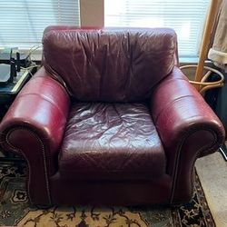 Designer Genuine Oversized Leather Chair And ottoman Cherry Red Orig Retail $4K+