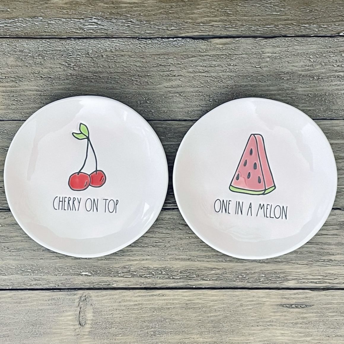 NEW Rae Dunn CHERRY ON TOP & ONE IN A MELON Sweets Small Desserts Pink Plates Couple Set Gift