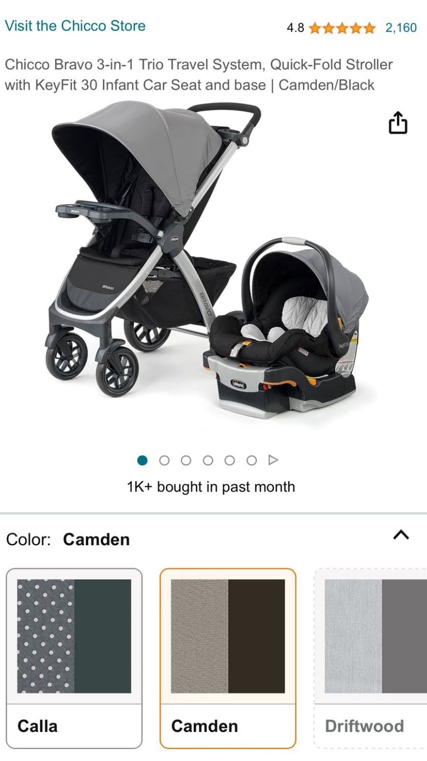 Chicco Bravo 3-in-1 Trio Travel System, Quick-Fold Stroller with KeyFit 30  Infant Car Seat and base | Camden/Black