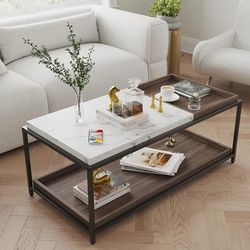 Coffee Table with Faux Marble Top, Convertible Entertaining Coffee Table - Modern With Storage Furniture, Walnut, NEW 
