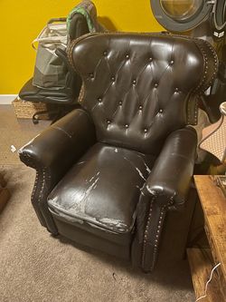 Dark Brown Tufted Leather Wingback Armchair