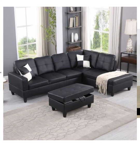 Black Leather - Sectional Sofa New