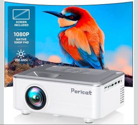 Projector with WIFI and Bluetooth, Outdoor Projector with 100” Screen, Pericat 200 ANSI 1080P HD Movie Projector with Built-in 15W Speaker, Compatible