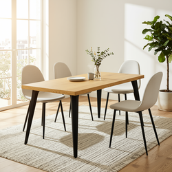 Homy Casa STAN+CHARLTON 5PC Dining Set 63” Natural Wood Grain Table with 4 Khaki Fabric Chairs – Kitchen & Dining Furniture Set
