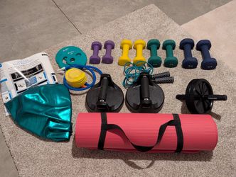 Exercise Ball, Ab Wheel, Weights, Jump Rope, Mat, Rotating Push Up Handles