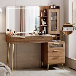 Modern Vanity Desk with LED Mirror and Charging Station