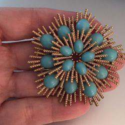 Vintage Avon “Azurene” Susan Caplan Gold Tone Turquoise Cabochon Starburst Brooch Signed 