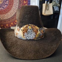 VINTAGE Brown Cowboy Hat 6 7/8 with Armadillo Pin And Feathers - American Hat Co.