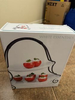 White Essentials 2-Tier Porcelain Plate Wire Stand Server