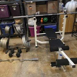 Bench With Leg Extension, Weights, Barbell  E-Z Curl Bar